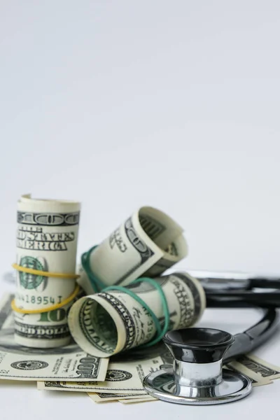 Stack Cash Dollars Stethoscope Concept Medical Expensive Medicine Doctors Salary — Stock Photo, Image