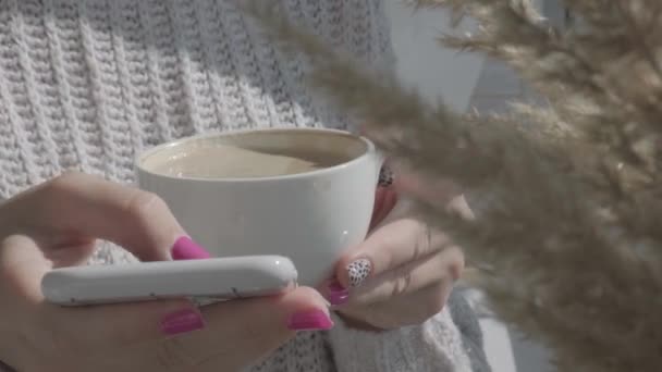 Egy nő kényelmes pulóverben egy csésze reggeli kávét iszik és mobiltelefont használ. Megnézem a közösségi médiát. Latte vagy cappuccino ősszel vagy télen. Önfoglalkoztatás, otthoni munkavégzés koncepciója. — Stock videók