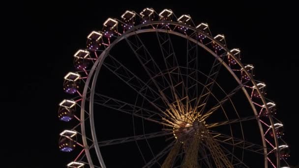 Ferris Wheel Lights τη νύχτα. Νέον χρωματιστά φώτα αναβοσβήνουν στον τροχό. Πάρκο διασκέδασης τη νύχτα. Διασκέδαση και διασκέδαση — Αρχείο Βίντεο
