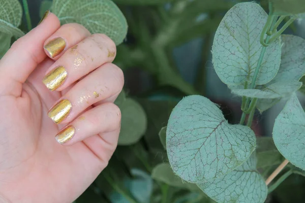 Gemanicuurde Vrouwelijke Handen Met Stijlvolle Gouden Nagels Trendy Moderne Design — Stockfoto