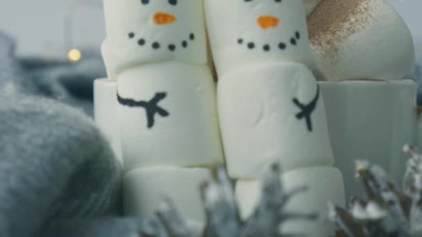 Dos divertidos muñecos de nieve de malvavisco. Amigos del malvavisco. Diy. Dulce dulce para niños divertido muñeco de nieve malvavisco. Navidad invierno decoración de vacaciones. Copa de cacao — Vídeos de Stock