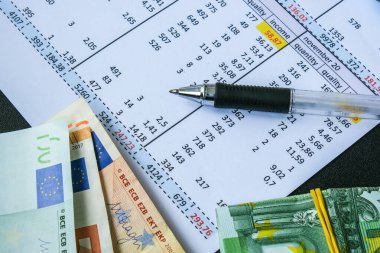 Euro dolu ofis çalışma masası. Maaş için para sayıyorum. Yatırım tasarrufu. Ekonomi, ekonomi ve ev konsepti. Zenginlik ve refah finansmanı iş bütçesi. Çalışma alanı ofisi