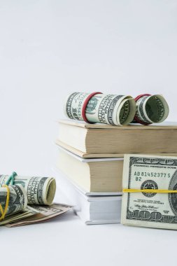 Bilgi zenginliğe götürür. Dolarlı kitap yığını. Pahalı eğitim kavramı. Kitaplardaki para. Üniversite için para biriktiriyorum. Tasarruf, ödenmiş okul ücreti