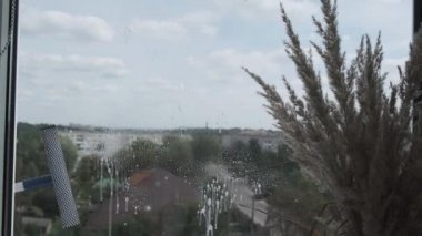 Pencereyi temizliyorum. Genç bir kadın pencereleri temizler ve parlatır Mavi Eldiven Spreyli Sıvı kullanarak Pencereyi temizler. Kirli pencereli silecekler yakın plan. Ev işleri ve temizlik.