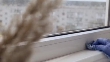 Pencere pervazını temizliyorum. Cam parmaklıkları temizlemek için mavi mikrofiber kumaş tozunu siliyorum. Mavi Eldiven Spreyli Sıvı kullanıyorum. Ev işi ve temizlik konsepti. Bahar
