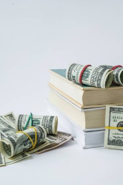 Bilgi zenginliğe götürür. Dolarlı kitap yığını. Pahalı eğitim kavramı. Kitaplardaki para. Üniversite için para biriktirmek.