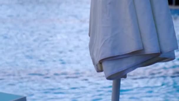 Viento moviéndose de sombrilla. Paraguas junto a la Piscina con Agua Azul en el Hotel. Parasoles y tumbonas de playa — Vídeos de Stock