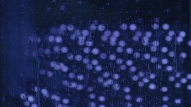 Penceredeki yağmur damlaları mavi ışıkla yakın plan. Islak camda gece ışığı yansıması. Damlacık arkaplan dokusu