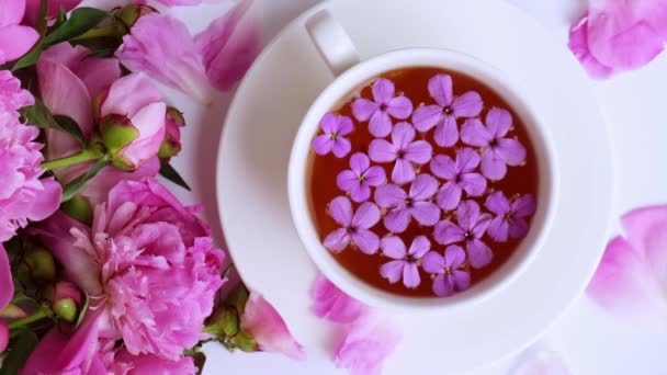 Vento lento che soffia fiori di peonie rosa e tazza di tè sul tavolo luminoso. Primavera Stagionale San Valentino, donna, madre, 8 marzo vacanza, colazione romantica. blogger alla moda. Biglietto d'auguri — Video Stock