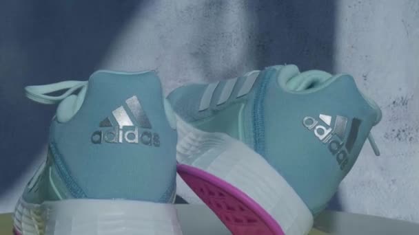 Kijev Ukrajna - október 2021 Új divatos modern kék és rózsaszín Adidas futócipő. Termék felvételek. Adidas gyors futás cipő futás a nő - szemléltető szerkesztőség — Stock videók