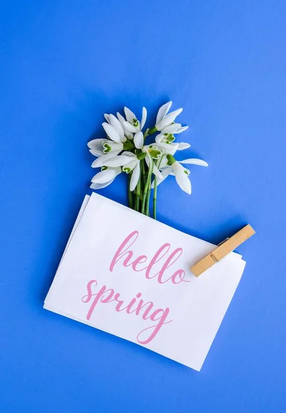 Tekst Kartki Powitalnej Hello Spring Litery Kwiatami Kropli Śniegu Wczesne — Zdjęcie stockowe