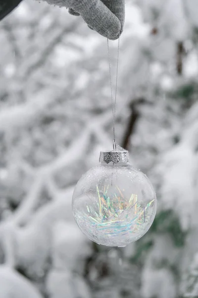 Gennemsigtig Trendy Glas Jul Bold Snedækket Gren Fyrværkeri Vinterskoven Vinterferie - Stock-foto