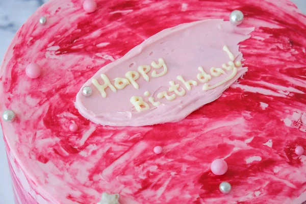 Happy Birthday Text Pink Cake Celebration Party Concept Modern Minimalistic — Zdjęcie stockowe