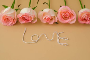 Bej arka planda zarif pembe güller. Aşk kelimesi ipten yapılmış. Minimum trend kompozisyonu. Romantik pastel pembe gül çiçekleri. Tarafsız toprak tonları. Sevgililer Günü için tebrik kartı.