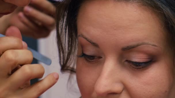 Make-up kunstenaar toe te passen make-up op de ogen van jonge vrouw. Professionele make-up kunstenaar toepassen van make-up voor de bruid. Onkruid — Stockvideo