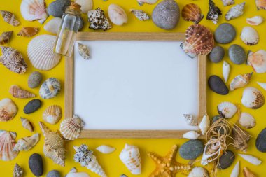 Fotokopi alanı, deniz kabukları, çakıl taşları, sarı arka plan için kompozisyon çerçevesi. Boşluk, üst görünüm, durgun hayat, düzlük. Deniz seyahati konsepti turizm ve tatil beldeleri. Yaz tatili