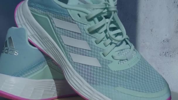 Κίεβο Ουκρανία - Οκτώβριος 2021 Blue Adidas Running boots. Πολυεθνική εταιρεία. Σφηνάκια. Adidas γρήγορα παπούτσια για τρέξιμο για τη γυναίκα - επεξηγηματικό κύριο άρθρο — Αρχείο Βίντεο
