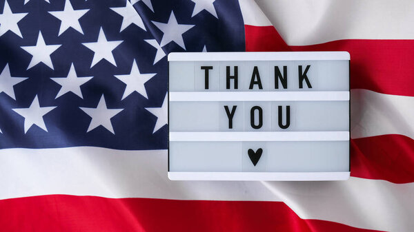 American flag. Lightbox with text THANK YOU Flag of the united states of America. July 4th Independence Day. USA patriotism national holiday. Usa proud.