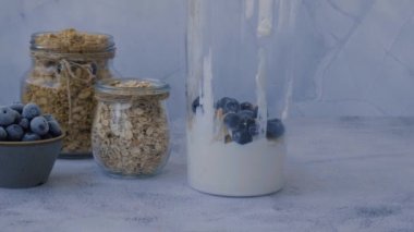 Sağlıklı yabanmersinli kokteyl hazırlayan bir kadın. Kahvaltı proteini karışımı çiğ yaban mersini, muz, süt, yoğurt ve süzme peynirden yapılır..