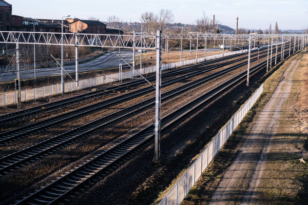Railway station from above. Reconstructed modern railway infrastructure. The way forward railway for train. Empty Railway track for locomotive. Transportation system