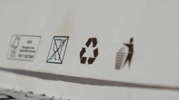 Torba na recykling Zbliżenie na znak pap i inne oznakowanie ekologiczne na papierowej torbie Brown, która nadaje się do recyklingu i wielokrotnego użytku spbd. Symbol oznacza papier i tekturę. Koncepcja: bezpieczeństwo ekologiczne — Wideo stockowe