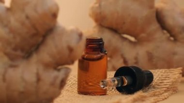 Esaslı zencefil yağı damlayan cam pipet, bej arka planda zencefil kökü. Aromaterapi, spa ve bitkisel ilaç malzemeleri. Zingiber nikahı