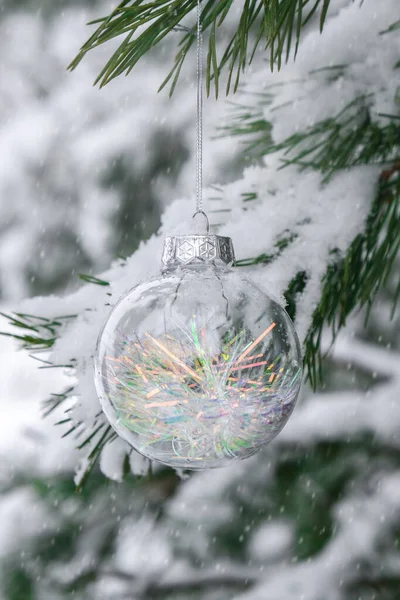 冬季森林里雪地枝条上的透明的时髦玻璃球 寒假背景 复制空间 新年快乐圣诞快乐贺卡 后背下着雪 创意时尚装饰 — 图库照片
