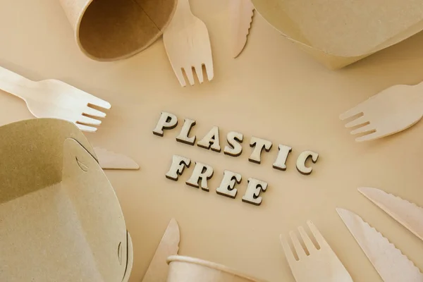 Plastic Free Text Eco Friendly Disposable Recyclable Compostable Tableware Paper — Stock Photo, Image