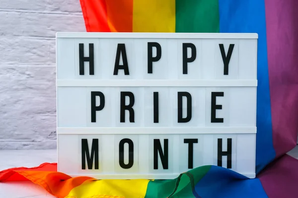 Рейнбоу Флаг Лайтбоксом Текстом Happy Pride Month Флаг Rainbow Lgbtq — стоковое фото