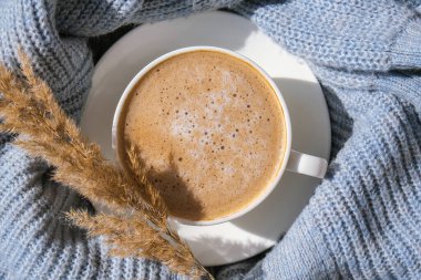 Pampa otları ve mavi kazağında kahve olan beyaz bardak. Sabah kahvaltısında Cappuccino içmek. Düz yatıyordu. Duvar kağıdı. Estetik. Sonbahar sabahı konsepti Konforlu ev