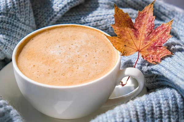 Akçaağaç sarısı yapraklı mavi örgü süveterin üzerinde beyaz bir sabah kahvesi. Konforlu ev konsepti. Estetik blog yaşam tarzı. Sonbahar sakin bir hayat. Cappuccino ya da latte sıcak içecek. Atmosfer