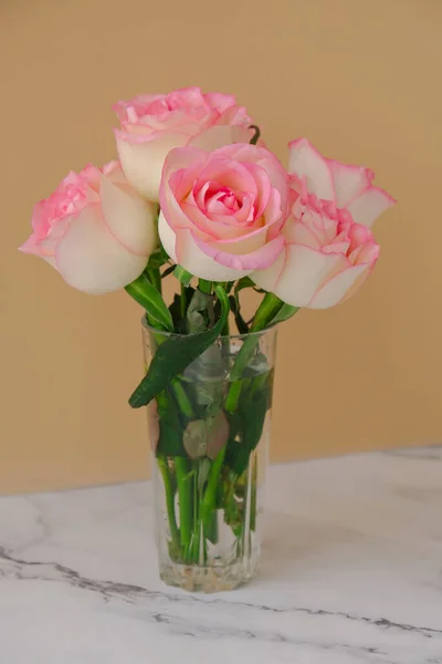 Rosas rosa delicadas no fundo bege. Composição mínima. Ideia de arte abstrata de buquê de flores. Composição rosa pastel romântico rosa flor. Estética moderna. — Fotografia de Stock