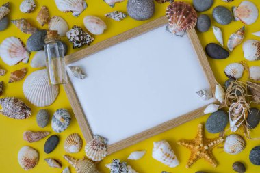 Fotokopi alanı, deniz kabukları, çakıl taşları, sarı arka plan için kompozisyon çerçevesi. Boşluk, üst görünüm, durgun hayat, düzlük. Deniz seyahati konsepti turizm ve tatil beldeleri. Yaz tatili