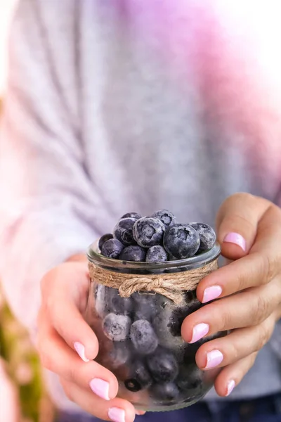 Woman Holding Bowl Frozen Blueberry Fruits Harvesting Concept Female Hands — Stock Photo, Image