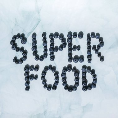 Taze yaban mersininden yapılmış süper yiyecek. Sağlıklı beslenme ve yeme için yabanmersini antioksidan organik gıda konsepti. Hasat konsepti
