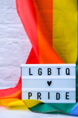 Işık kutulu gökkuşağı bayrağı ve LGBTQ gururlu metin. İpek kumaştan yapılmış gökkuşağı lgbtq bayrağı. LGBTQ gurur ayının sembolü. Eşit haklar. Barış ve özgürlük