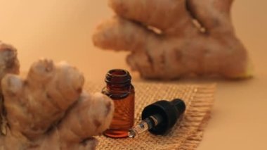 Esaslı zencefil yağı damlayan cam pipet, bej arka planda zencefil kökü. Aromaterapi, spa ve bitkisel ilaç malzemeleri. Zingiber nikahı