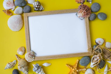 Fotokopi alanı, deniz kabukları, çakıl taşları, sarı arka plan için kompozisyon çerçevesi. Boşluk, üst görünüm, durgun hayat, düzlük. Deniz seyahati konsepti turizm ve tatil beldeleri. Yaz tatili