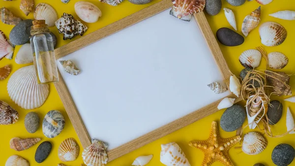 Fotokopi alanı, deniz kabukları, çakıl taşları, sarı arka plan için kompozisyon çerçevesi. Boşluk, üst görünüm, durgun hayat, düzlük. Deniz seyahati konsepti turizm ve tatil beldeleri. Yaz tatili
