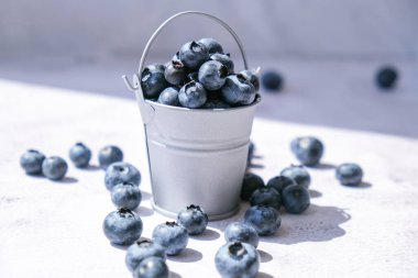 Arka planda küçük bir kovada yaban mersini. Sağlıklı organik mevsimlik meyve arka planı. Organik yiyecekler. Sağlıklı yaz atıştırması. Süper yiyecekleri kopyala. Güzel görüş. Gözlerini açık tut.