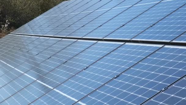 Nahaufnahme der Oberfläche blauer Photovoltaik-Sonnenkollektoren zur Erzeugung sauberen ökologischen Stroms. Erstellung eines Konzepts für erneuerbare Energien. Ökologie Solarkraftwerk Elektrische Innovation Natur — Stockvideo