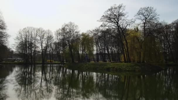 Piękne wiosenne jezioro i las. Sezon wiosenny Streszczenie naturalnego tła wideo 4k stock. Zamazane sylwetki wielu zielonych drzew wiosennych, liście odbijają się na spokojnej powierzchni rzeki, jeziora lub — Wideo stockowe