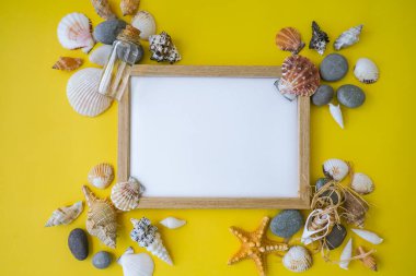 Fotokopi alanı, deniz kabukları, çakıl taşları, sarı arka plan için kompozisyon çerçevesi. Boşluk, üst görünüm, durgun hayat, düzlük. Deniz seyahati konsepti turizm ve tatil beldeleri. Yaz tatili
