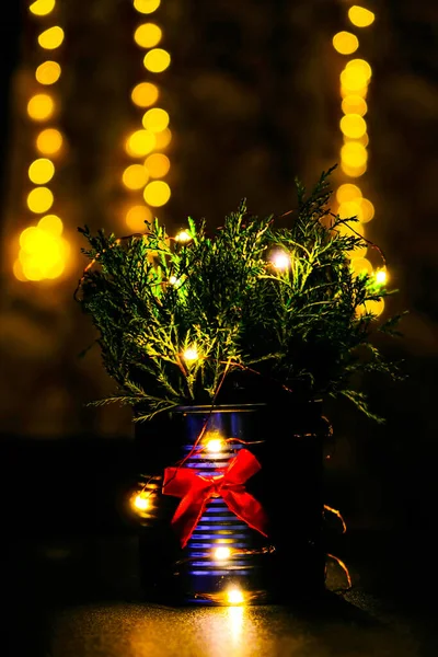 圣诞装饰生态圣诞树在金属罐子里 背景上有防盗灯 晚上在客厅里 零浪费装饰 寒假气氛节日快乐 新年温馨 — 图库照片
