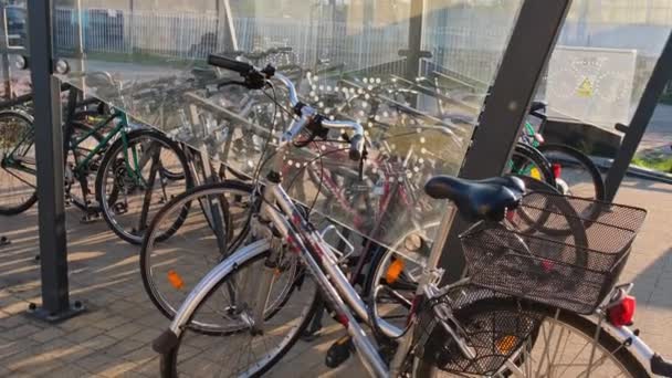 グダニスク ポーランド5月2022自転車スタンドと駐車場 生態都市とゼロ排出輸送 自転車駐車場 公園内の自転車 — ストック動画