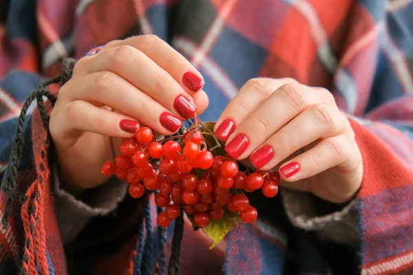 Stylish red female nails. Hands Holding Red Currants. Modern Beautiful manicure. Autumn winter nail design concept of beauty treatment. Gel nails. Skin care. Wellness. Trendy colors.