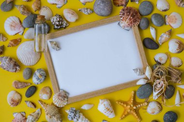 Fotokopi alanı, deniz kabukları, çakıl taşları, sarı arka plan için kompozisyon çerçevesi. Boşluk, üst görünüm, durgun hayat, düzlük. Deniz seyahati konsepti turizm ve tatil beldeleri. Yaz tatili