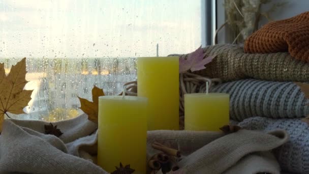 추수감사절 과헬로우 연휴를 노란색 조명을 스웨터 날씨가 집에서 기념하는 선택적 — 비디오