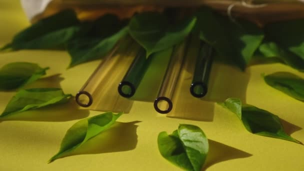 Vidro Reutilizável Palhas Sobre Fundo Colorido Com Folhas Verdes Saco — Vídeo de Stock