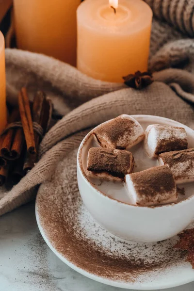 Celebrating Autumn Holidays Cozy Home Cup Hot Chocolate Marshmallows Cacao — стоковое фото
